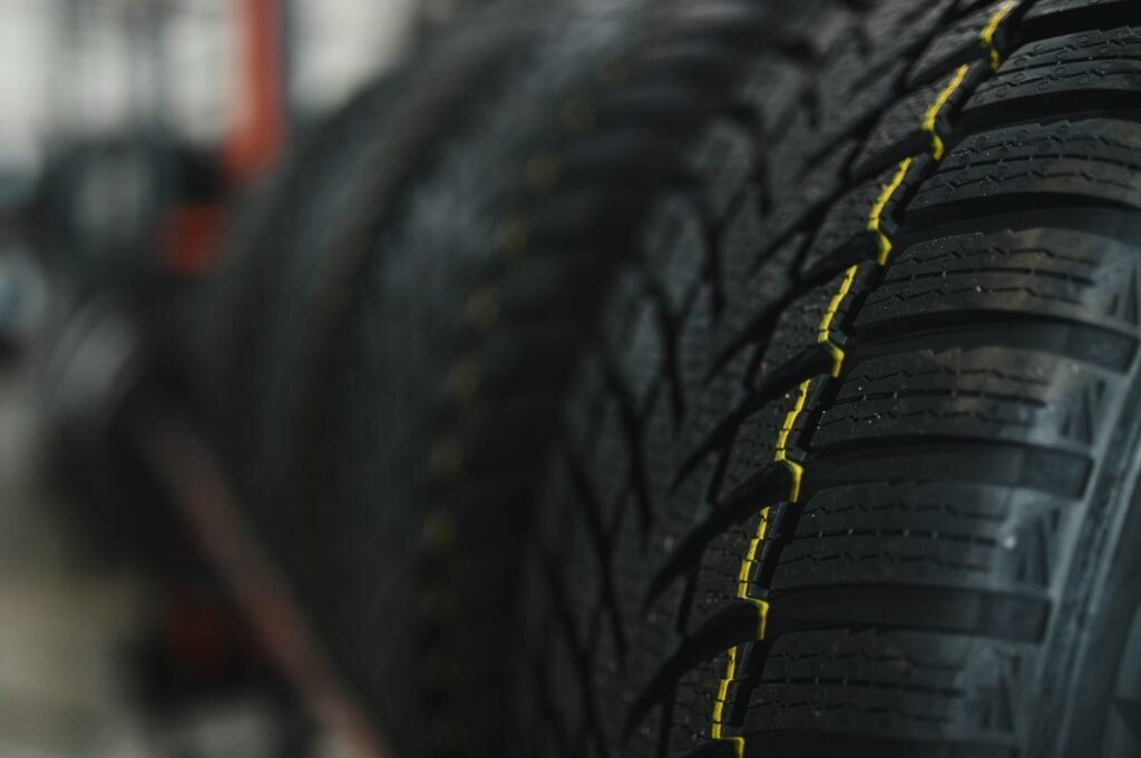New car tire is placed on the tire storage rack in the tire factory.